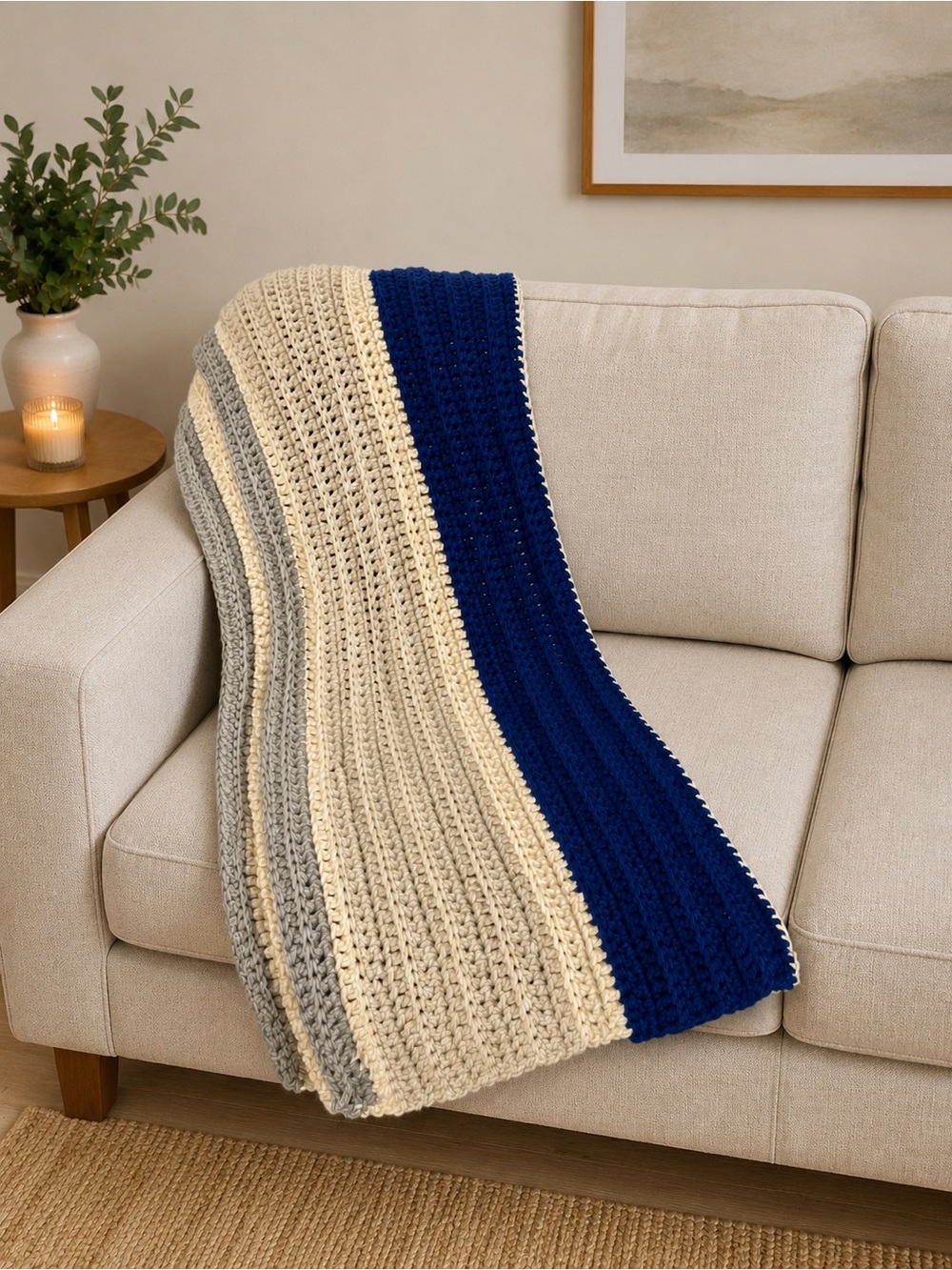 Handmade Crochet Throw Blanket Chunky Coastal Navy Blue & Neutral Gray Stripes